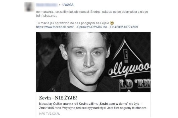 Śmierć Macaulay’a Culkina – kolejny przekręt na Facebooku