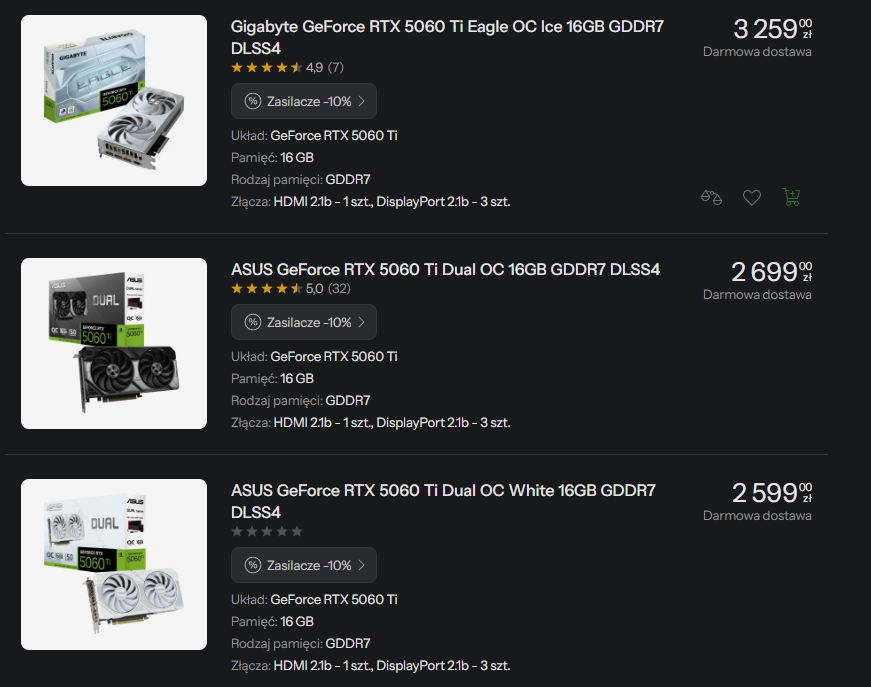 Ceny GeForce'ów RTX 5060 Ti 16 GB GDDR7 w sklepie x-kom