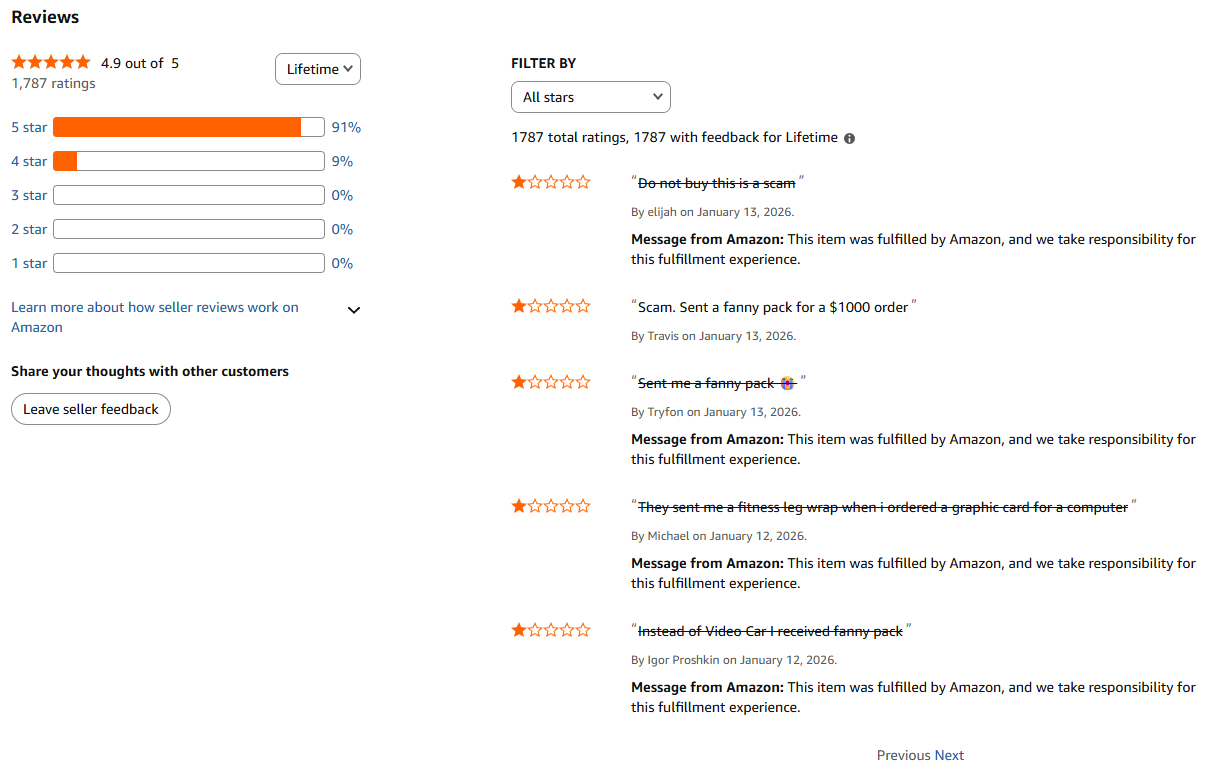 Komentarze na profilu sprzedawcy