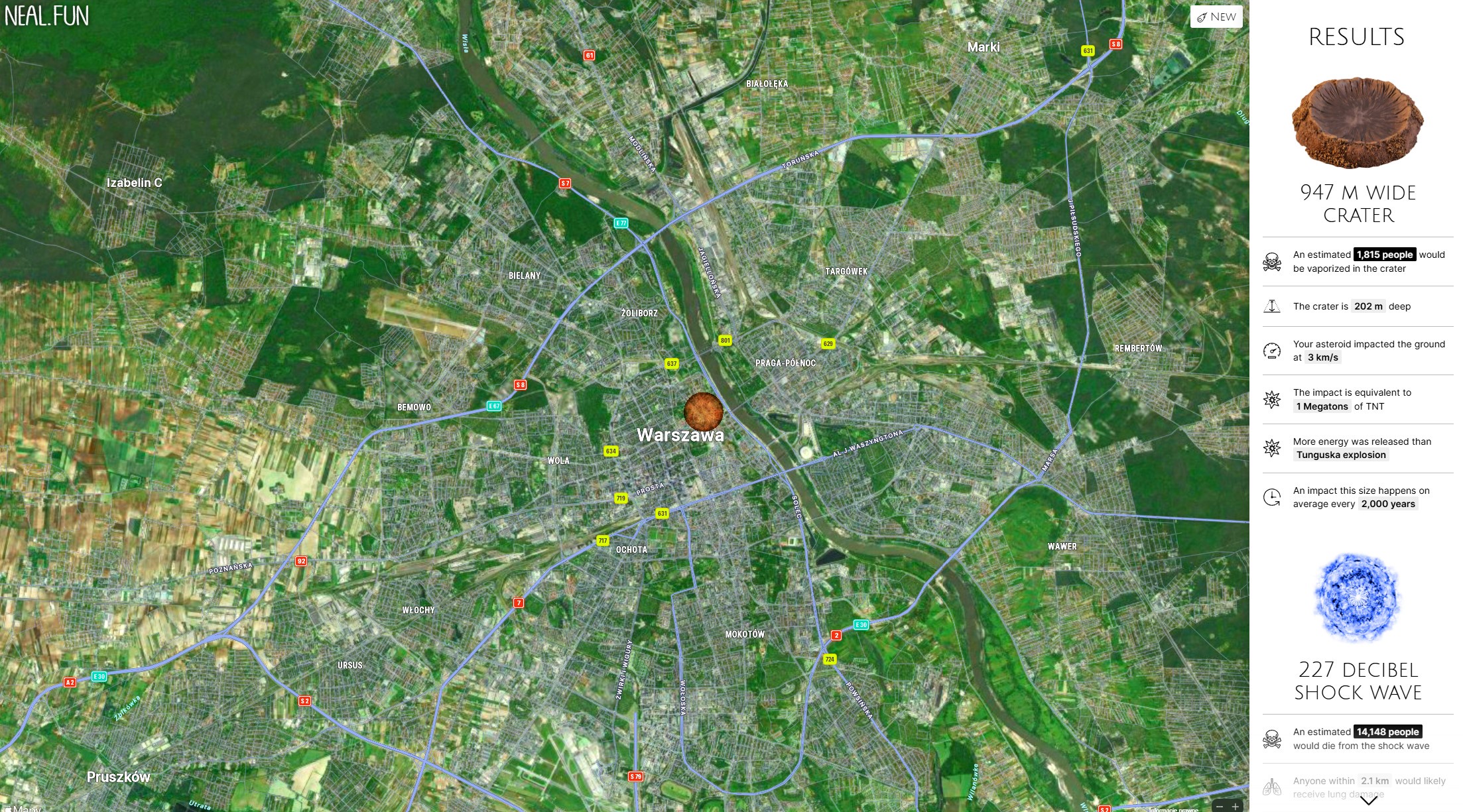 Symulacja uderzenia asteroidy w Warszawę