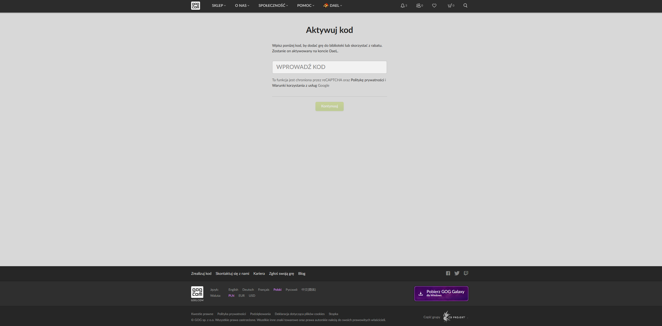 Jak aktywować klucz na GOG.com