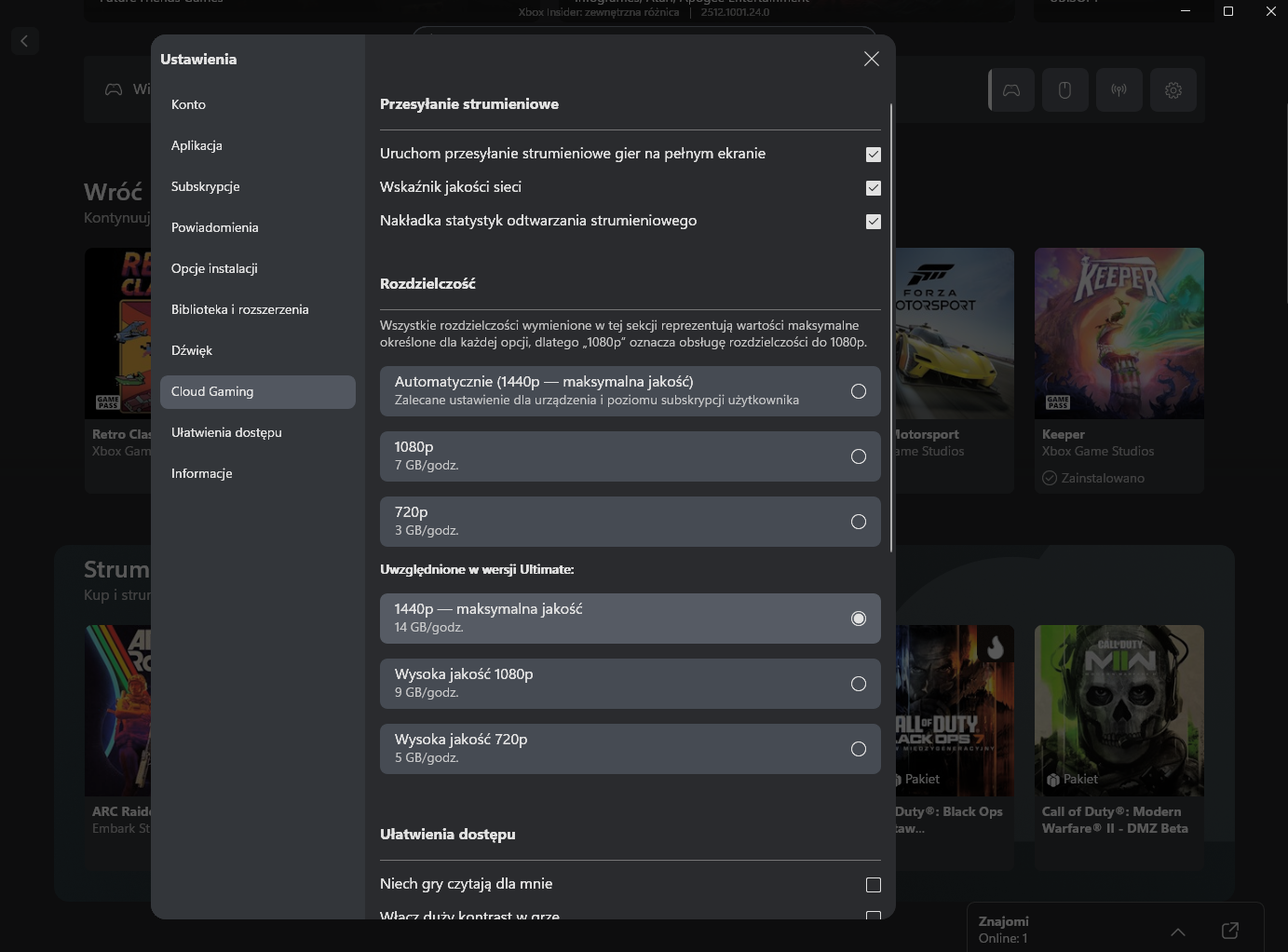 Tak wygląda teraz menu opcji