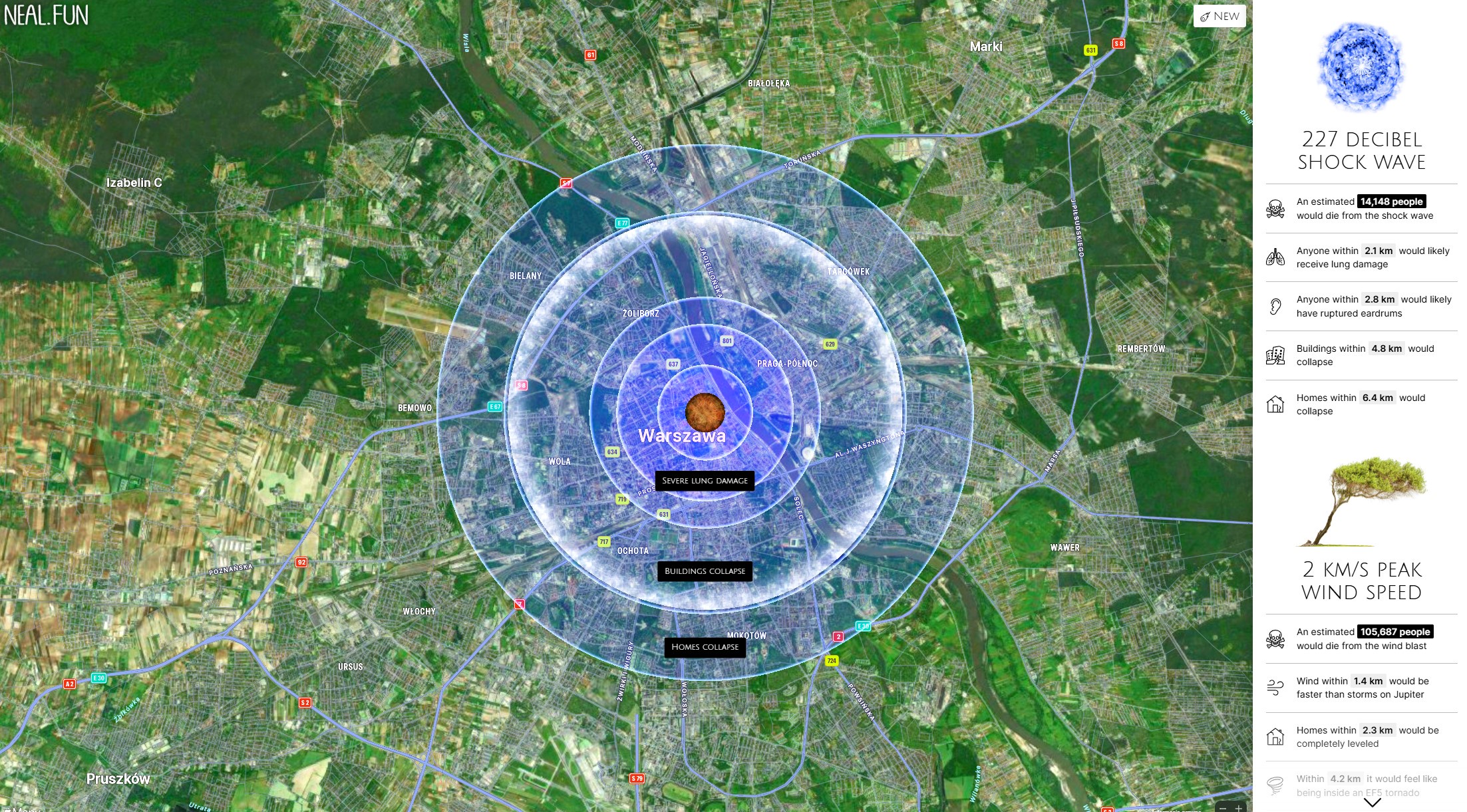Symulacja uderzenia asteroidy w Warszawę