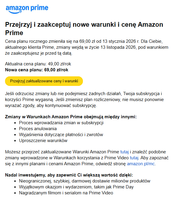 Wiadomość w sprawie Amazon Prime