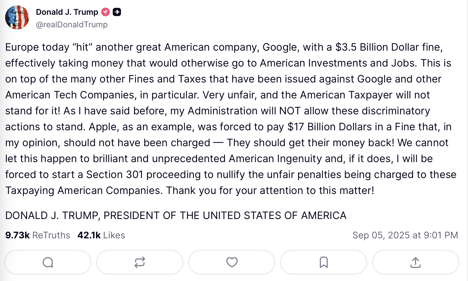 Wpis Donalda Trumpa nt. kary nałożonej na Google