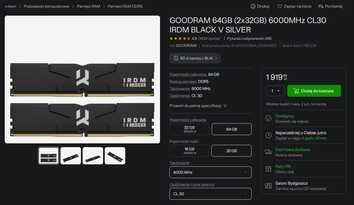 Cena GOODRAM 64GB (2x32GB) 6000MHz CL30 IRDM BLACK V SILVER
