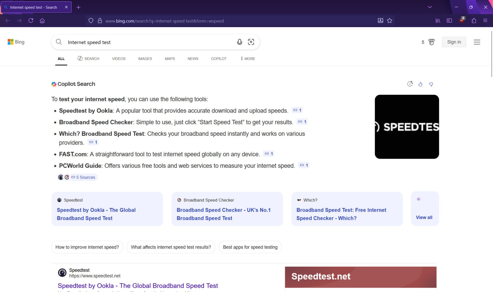 Copilot blokuje test szybkości Internetu