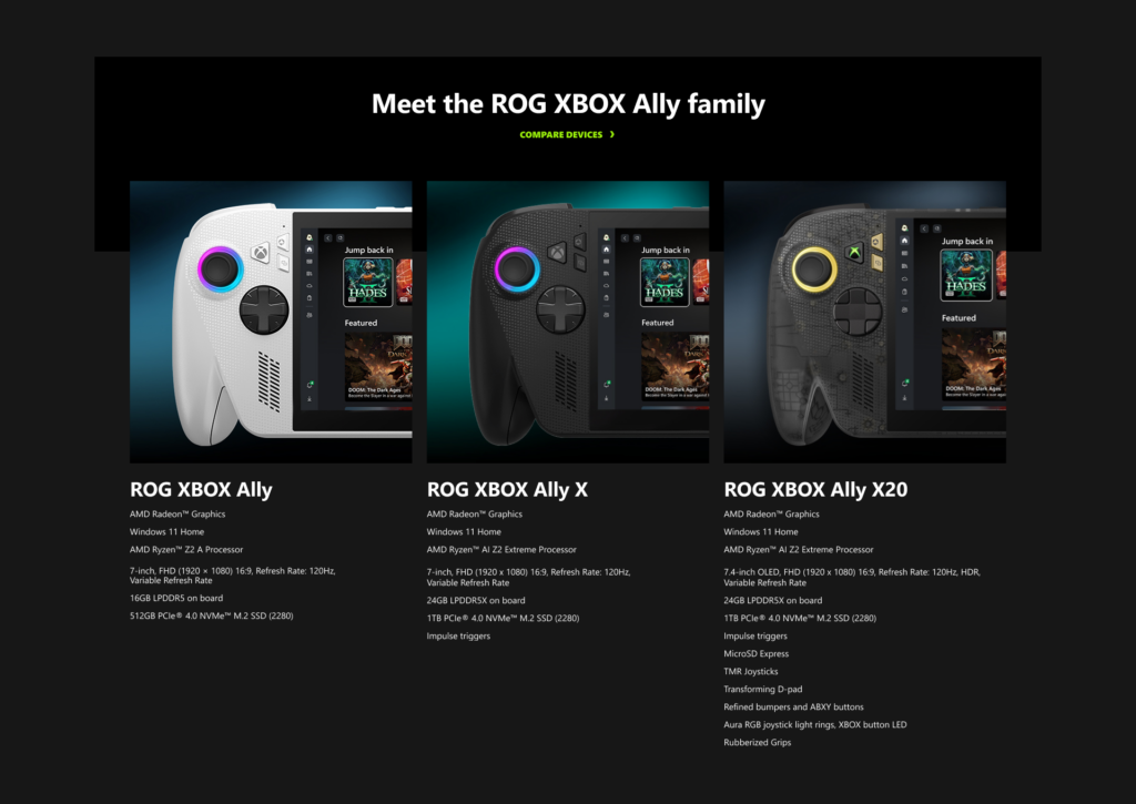 Porównanie modeli ROG XBOX Ally