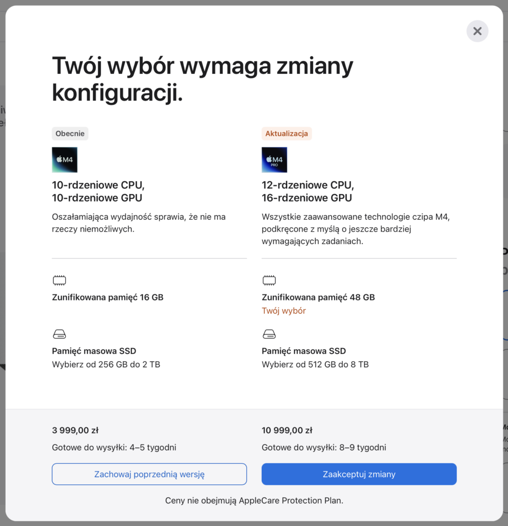 Czasy oczekiwania na wysyłkę w przypadku komputera Mac mini w zależności od wybranej ilości pamięci RAM.