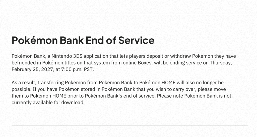 The Pokémon Company zamyka usługę Pokémon Bank i zrywa tym samym z 30-letnią tradycją gier Pokémon