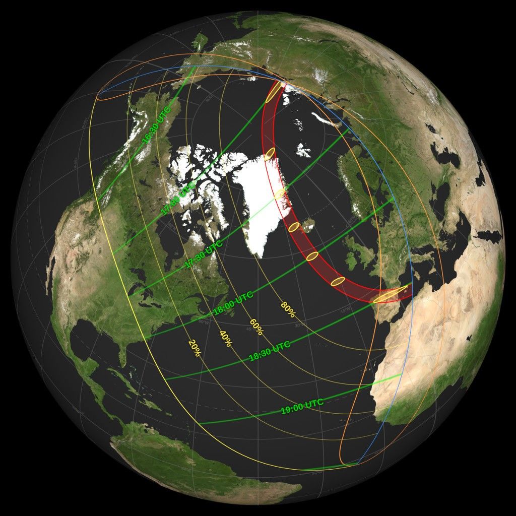 Mapa całkowitego zaćmienia Słońca 12 sierpnia 2026 roku, źródło: NASA