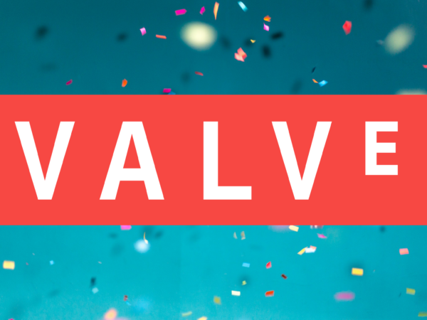 Logo Valve na niebieskim tle z kolorowym konfetti.