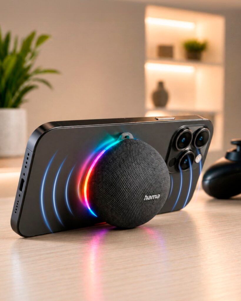 Hama MagBuddy to głośnik Bluetooth, który magnetycznie przykleja się do plecków telefonu
