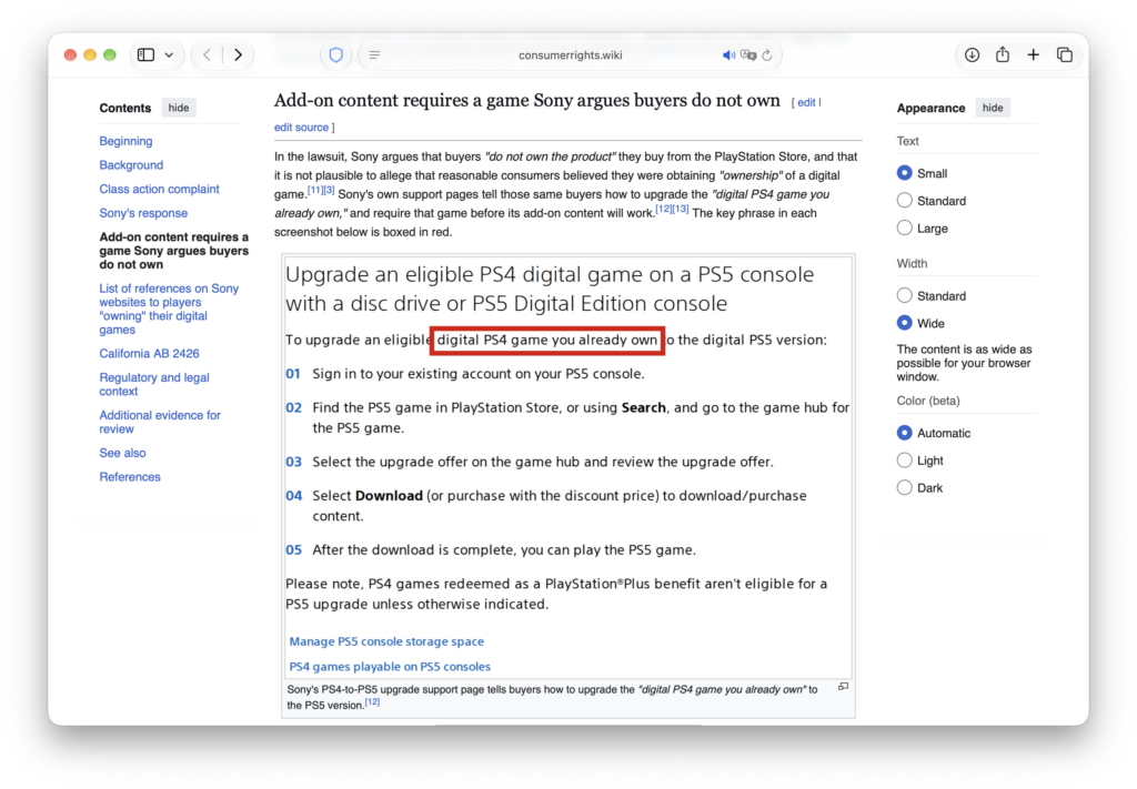 Zrzut ekranu ze strony internetowej Consumer Rights Wiki na temat Sony