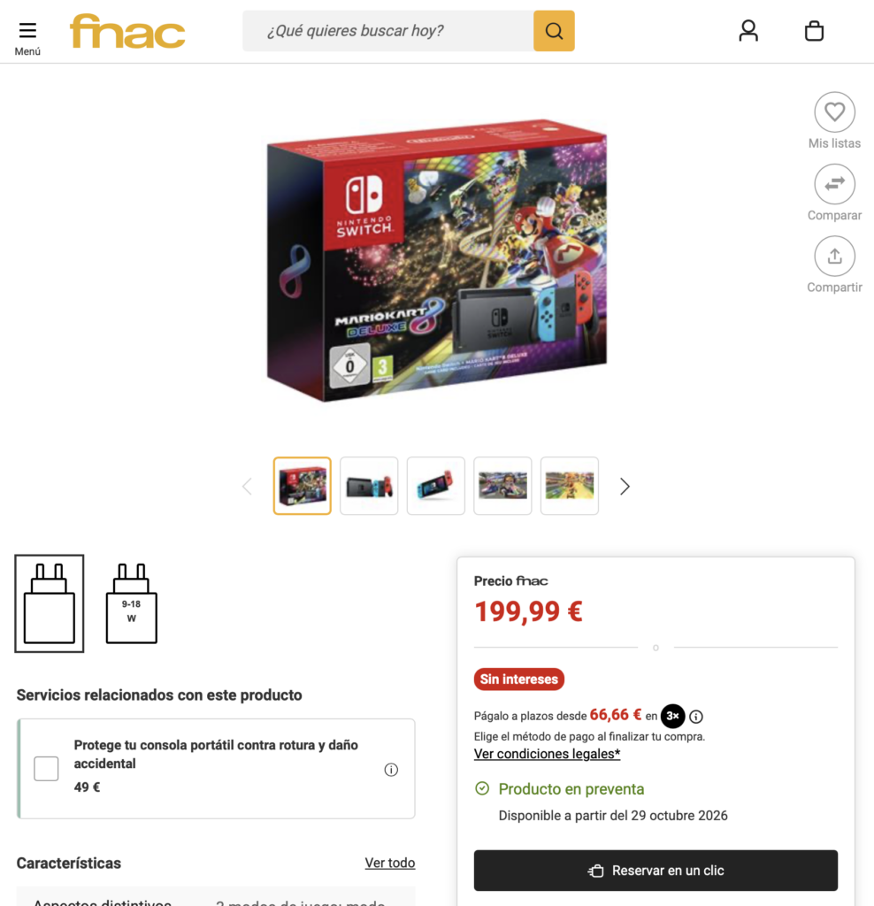 Zrzut ekranu ze sklepu Fnac z widocznym zestawem konsoli Nintendo Switch z grą.