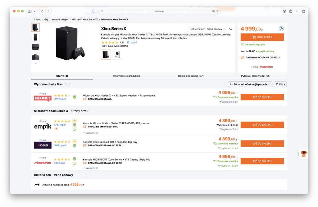 Konsole Xbox Series X i ich ceny na serwisie Ceneo.