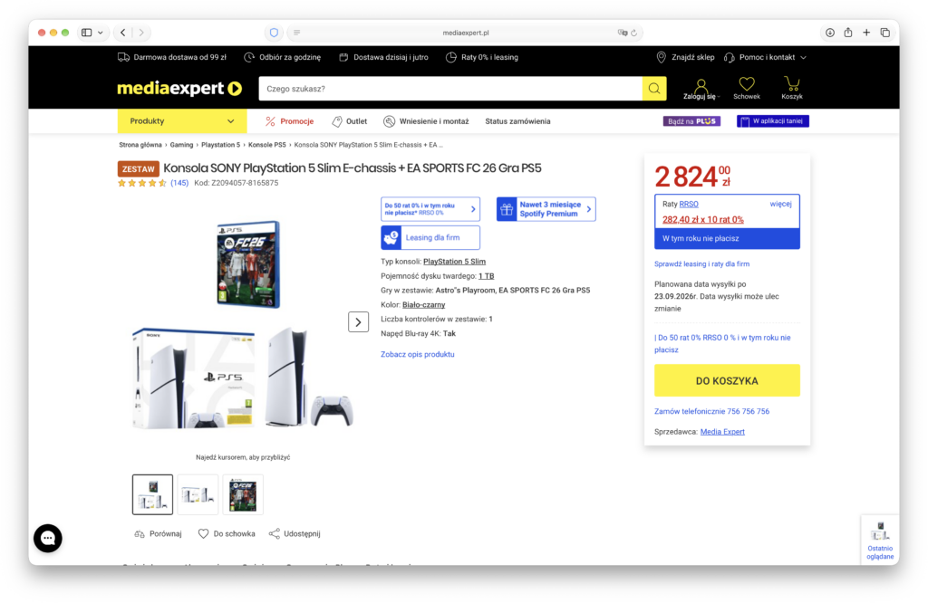 Zestaw konsoli PlayStation 5 z czytnikiem płyt w sklepie MediaExpert.