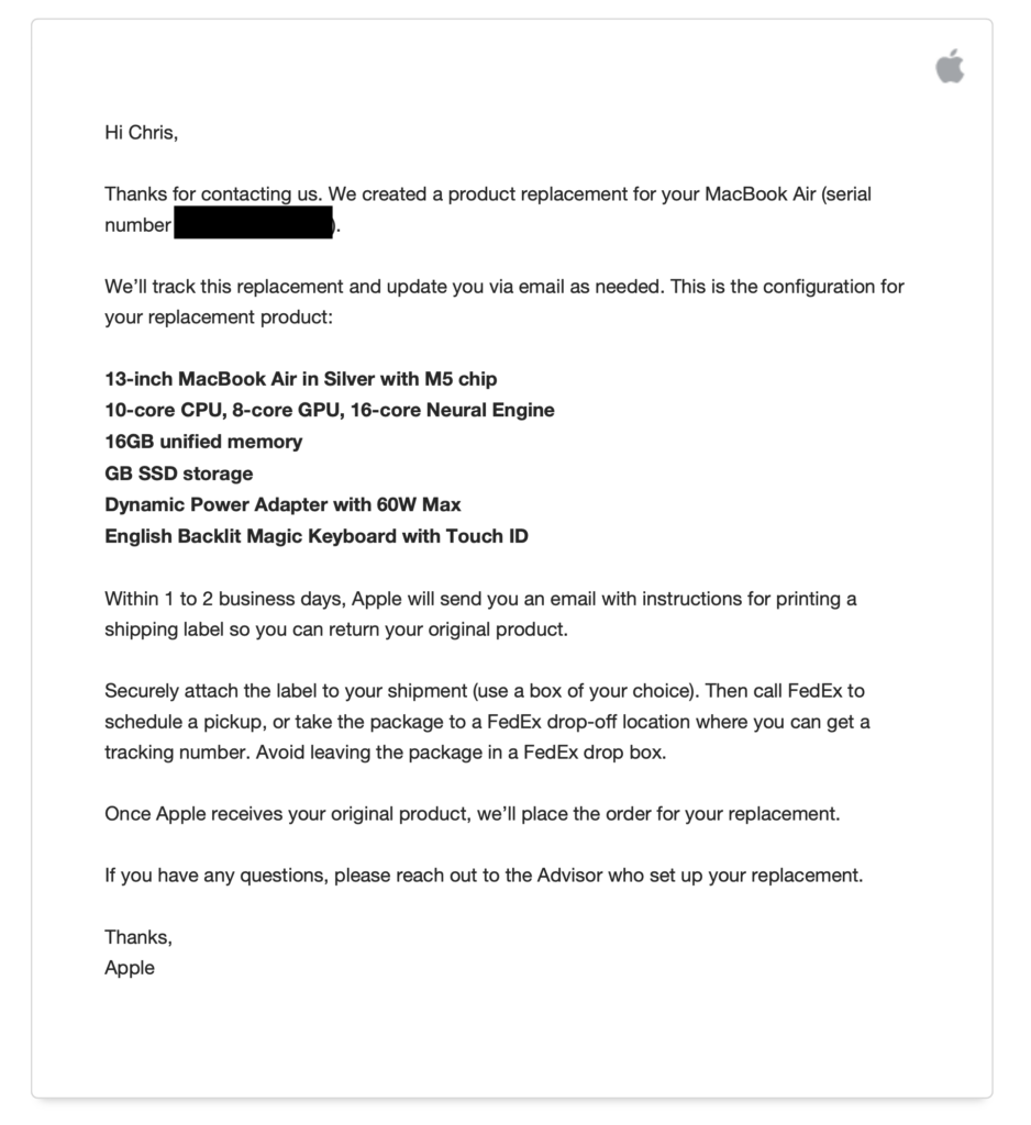 Treść wiadomości od Apple do użytkownika simalary44
