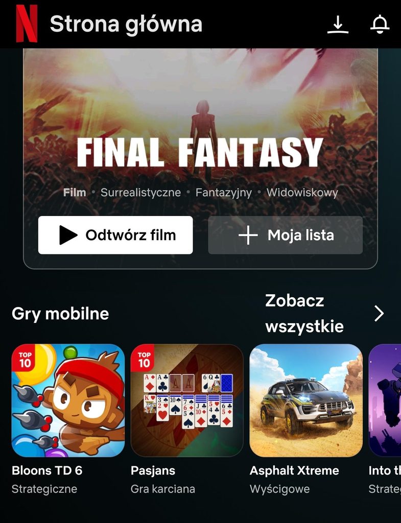 Netflix mocno promuje gry. W wersji mobilnej znajdują się one na pierwszej szpalcie ekranu startowego aplikacji